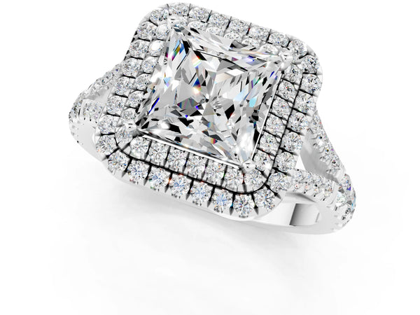 Platinum Double Halo Princess Cut Moissanite Split Shank Engagement Ring with Four-Prong Setting