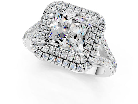 White gold Double Halo Princess Cut Moissanite Split Shank Engagement Ring with Four-Prong Setting_1