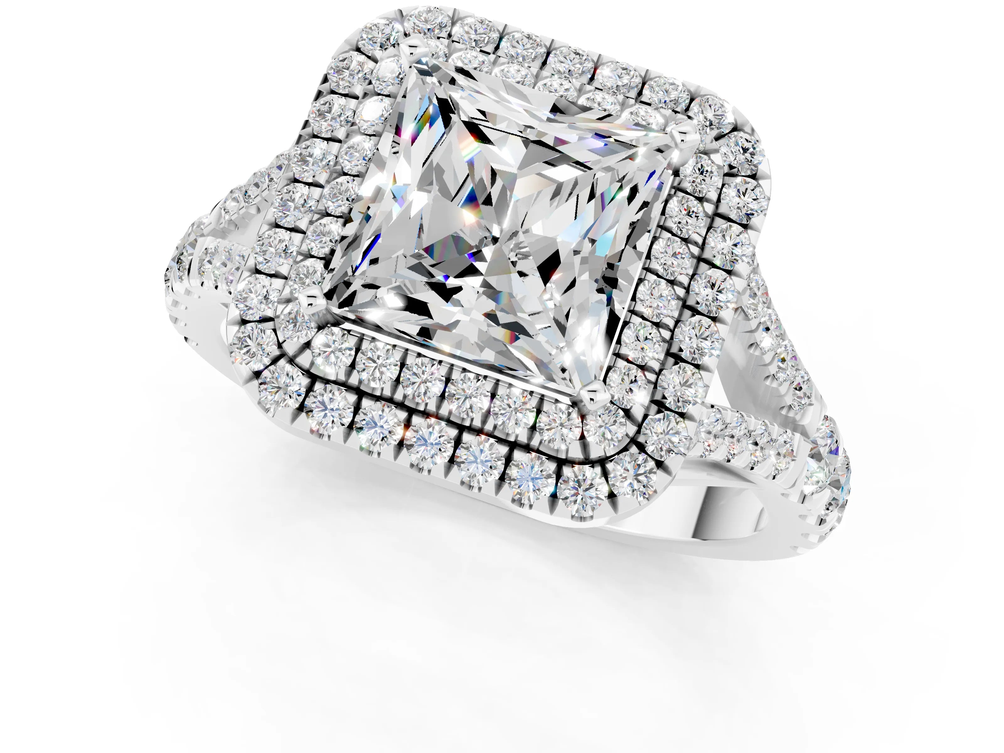 White gold Double Halo Princess Cut Moissanite Split Shank Engagement Ring with Four-Prong Setting_1