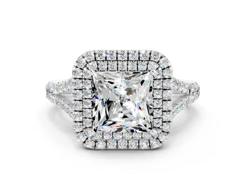 White gold Double Halo Princess Cut Moissanite Split Shank Engagement Ring with Four-Prong Setting