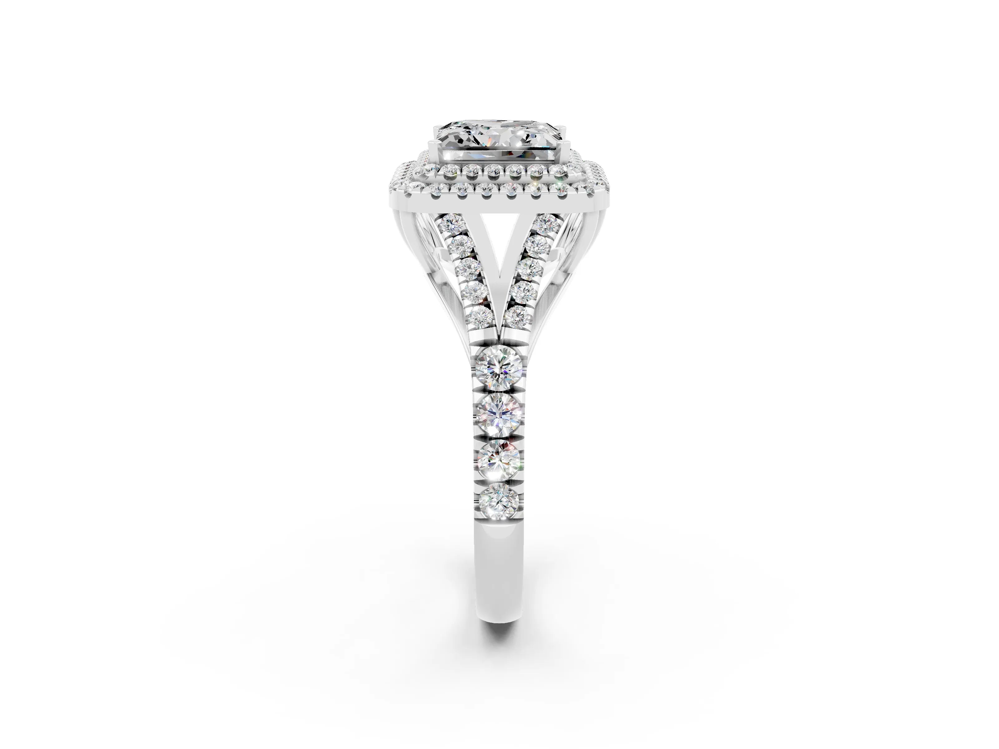 White gold Double Halo Princess Cut Moissanite Split Shank Engagement Ring with Four-Prong Setting_2
