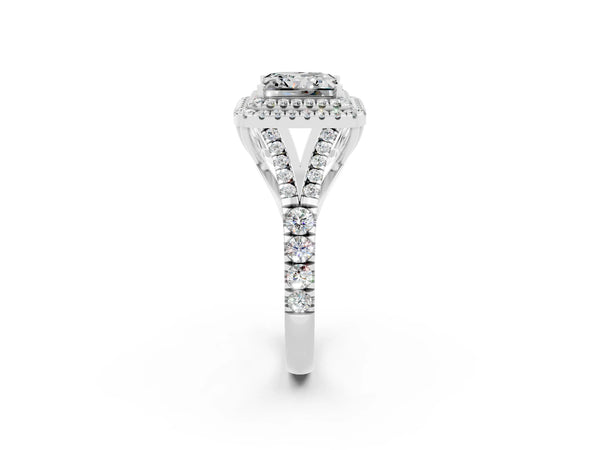Platinum Double Halo Princess Cut Moissanite Split Shank Engagement Ring with Four-Prong Setting