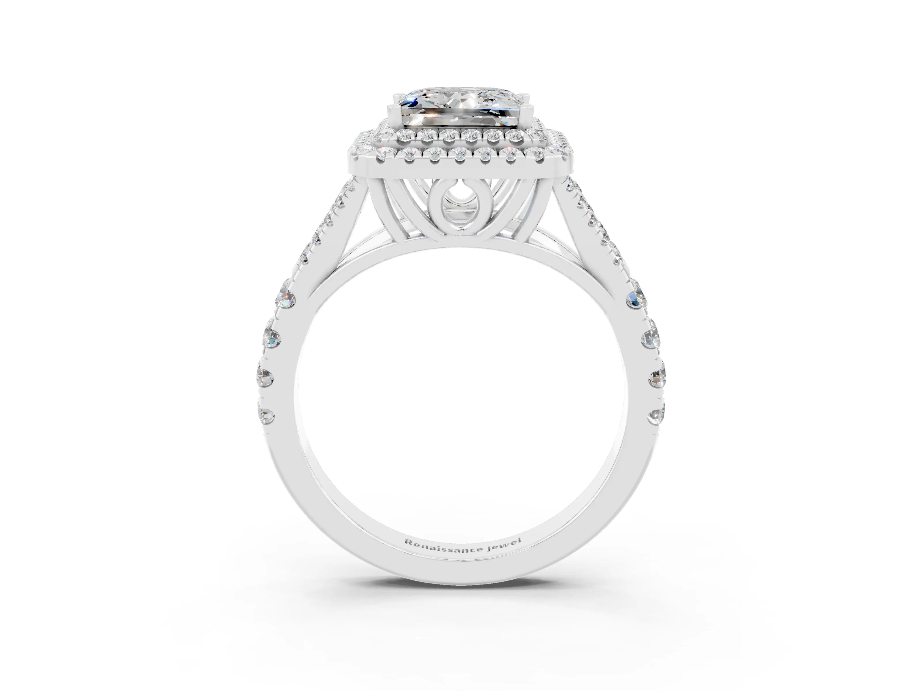 White gold Double Halo Princess Cut Moissanite Split Shank Engagement Ring with Four-Prong Setting_3