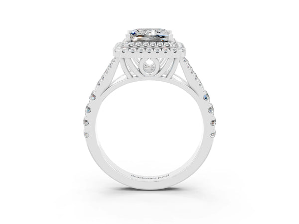 Silver Double Halo Princess Cut Moissanite Split Shank Engagement Ring with Four-Prong Setting