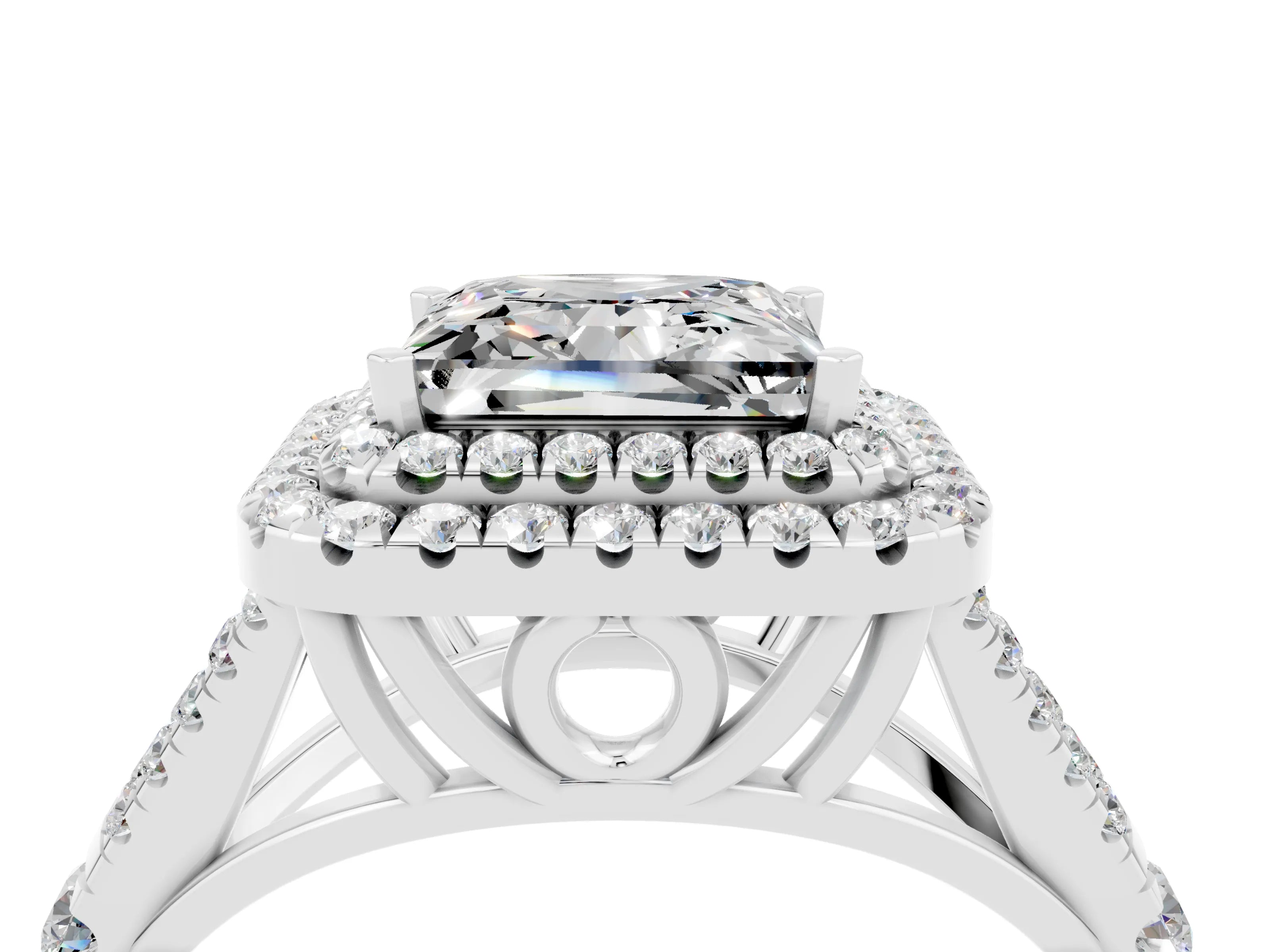 White gold Double Halo Princess Cut Moissanite Split Shank Engagement Ring with Four-Prong Setting_4