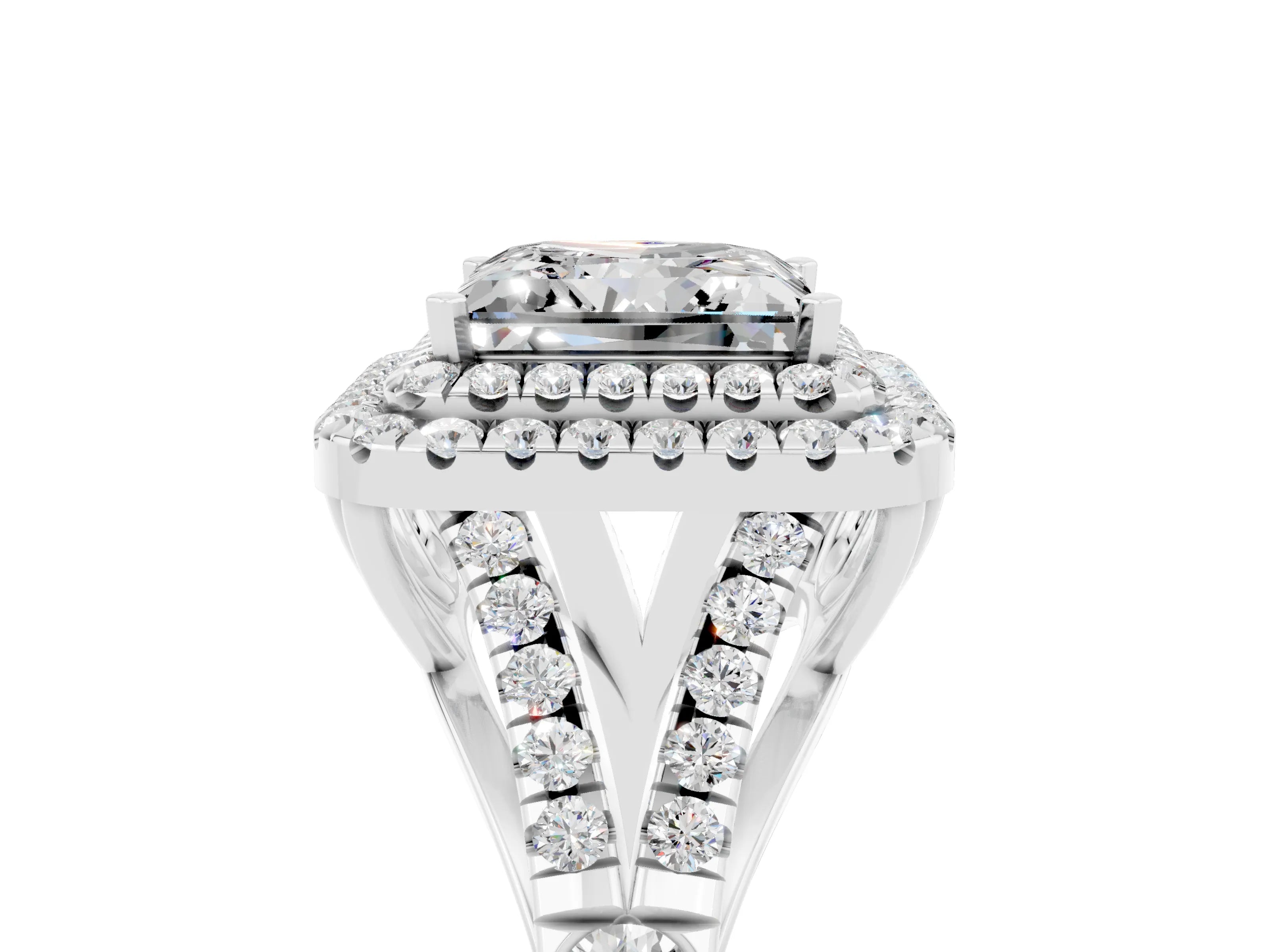 White gold Double Halo Princess Cut Moissanite Split Shank Engagement Ring with Four-Prong Setting_5