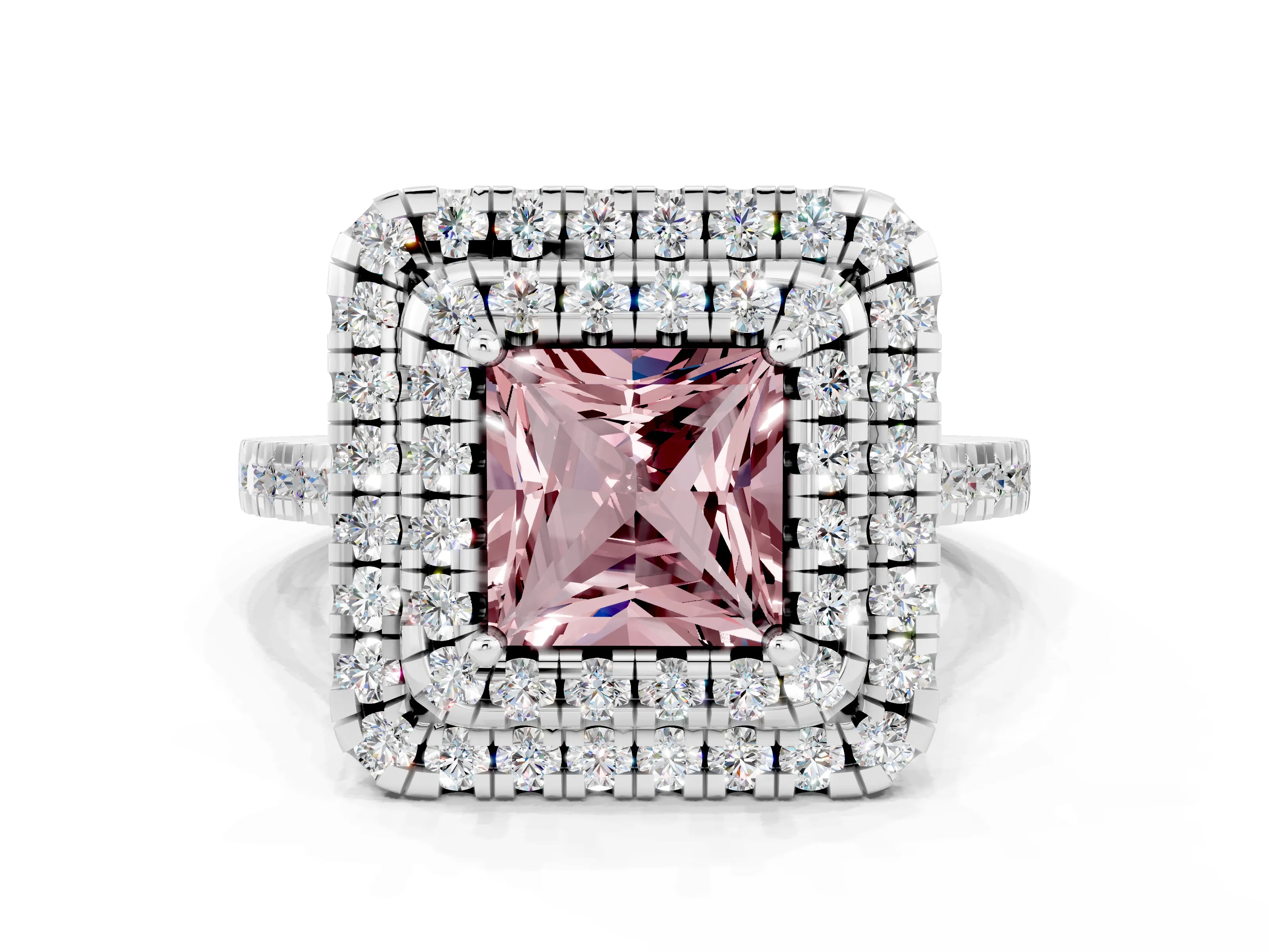 White gold Double Halo Princess Cut Morganite Pavé Band with Four-Prong Setting
