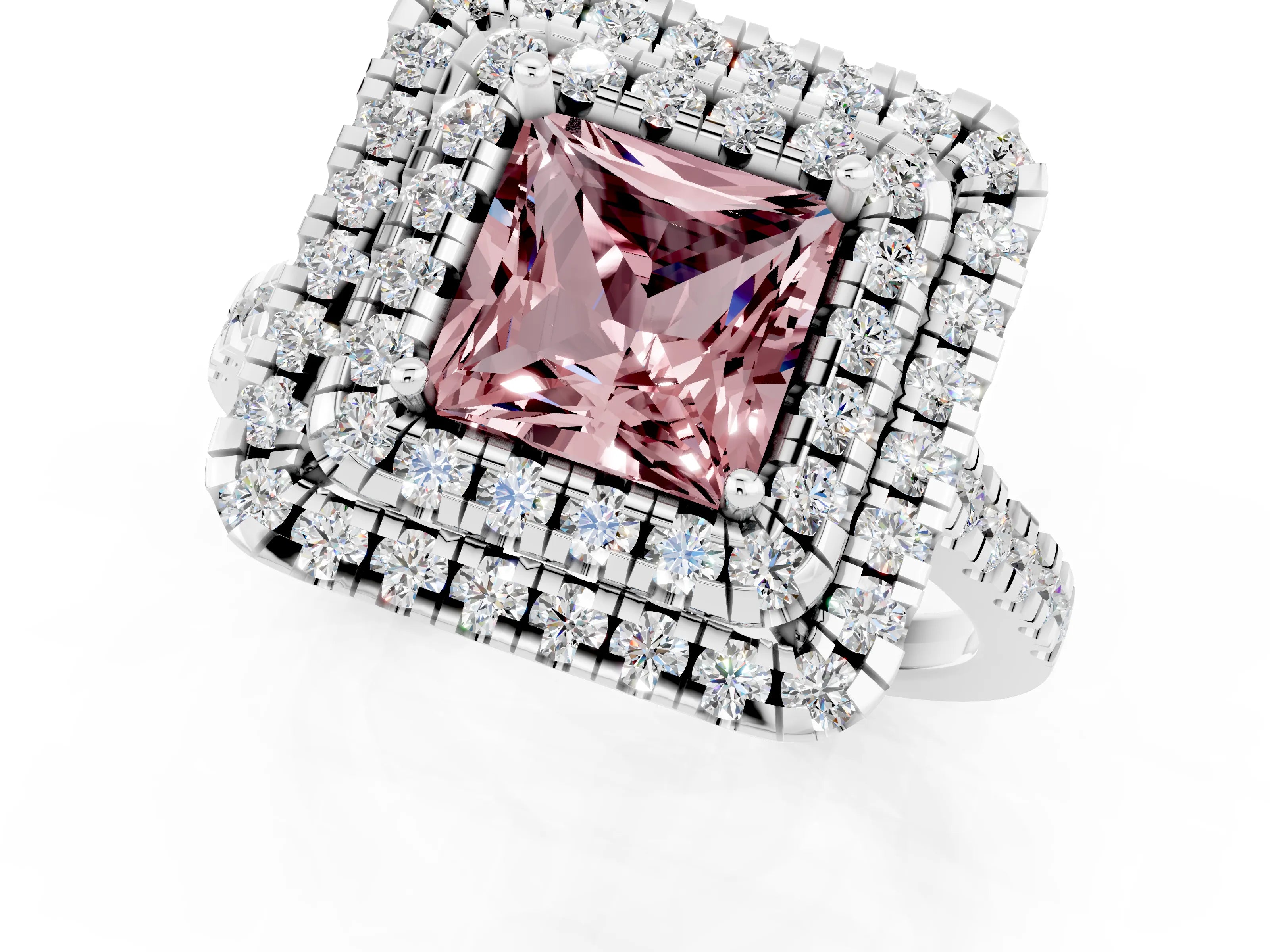 White gold Double Halo Princess Cut Morganite Pavé Band with Four-Prong Setting_1