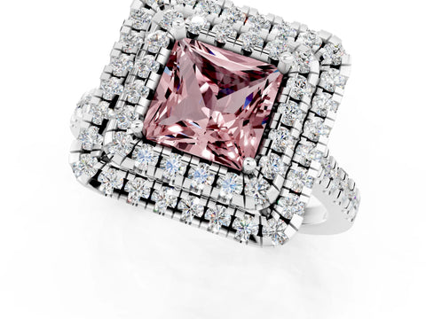 White gold Double Halo Princess Cut Morganite Pavé Band with Four-Prong Setting_1