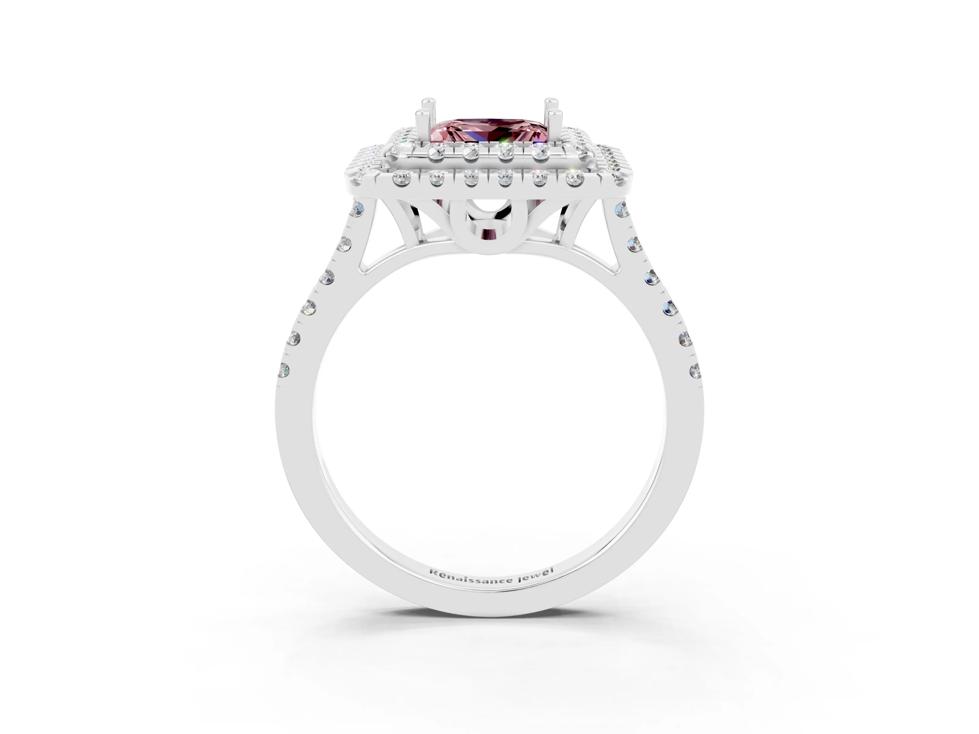 White gold Double Halo Princess Cut Morganite Pavé Band with Four-Prong Setting_3