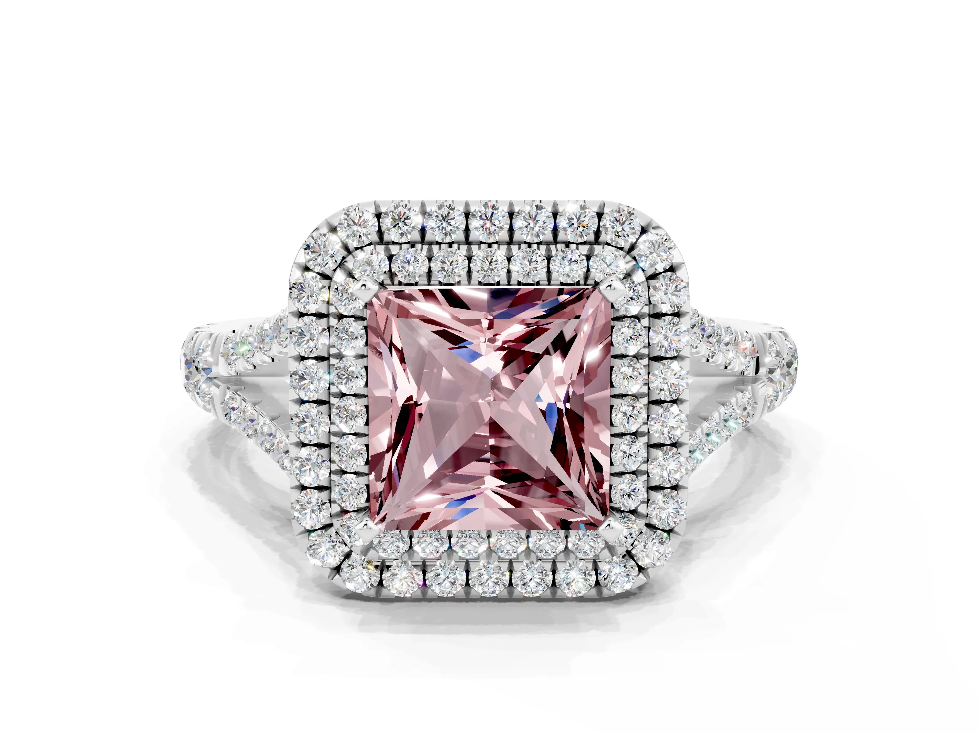 White gold Double Halo Princess Cut Morganite Pavé Split Shank Ring with Prong Setting