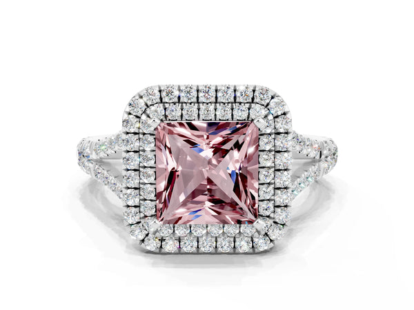 Platinum Double Halo Princess Cut Morganite Pavé Split Shank Ring with Prong Setting