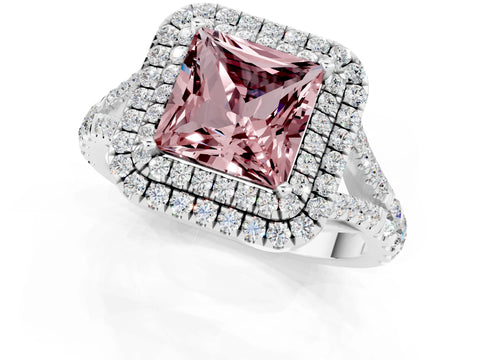 White gold Double Halo Princess Cut Morganite Pavé Split Shank Ring with Prong Setting_1
