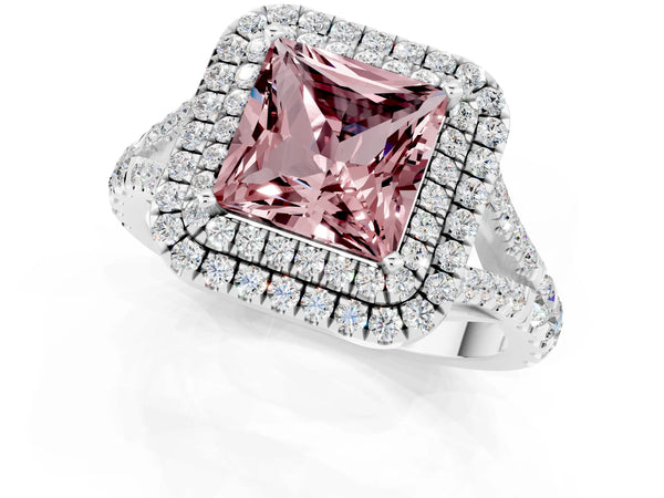 Silver Double Halo Princess Cut Morganite Pavé Split Shank Ring with Prong Setting