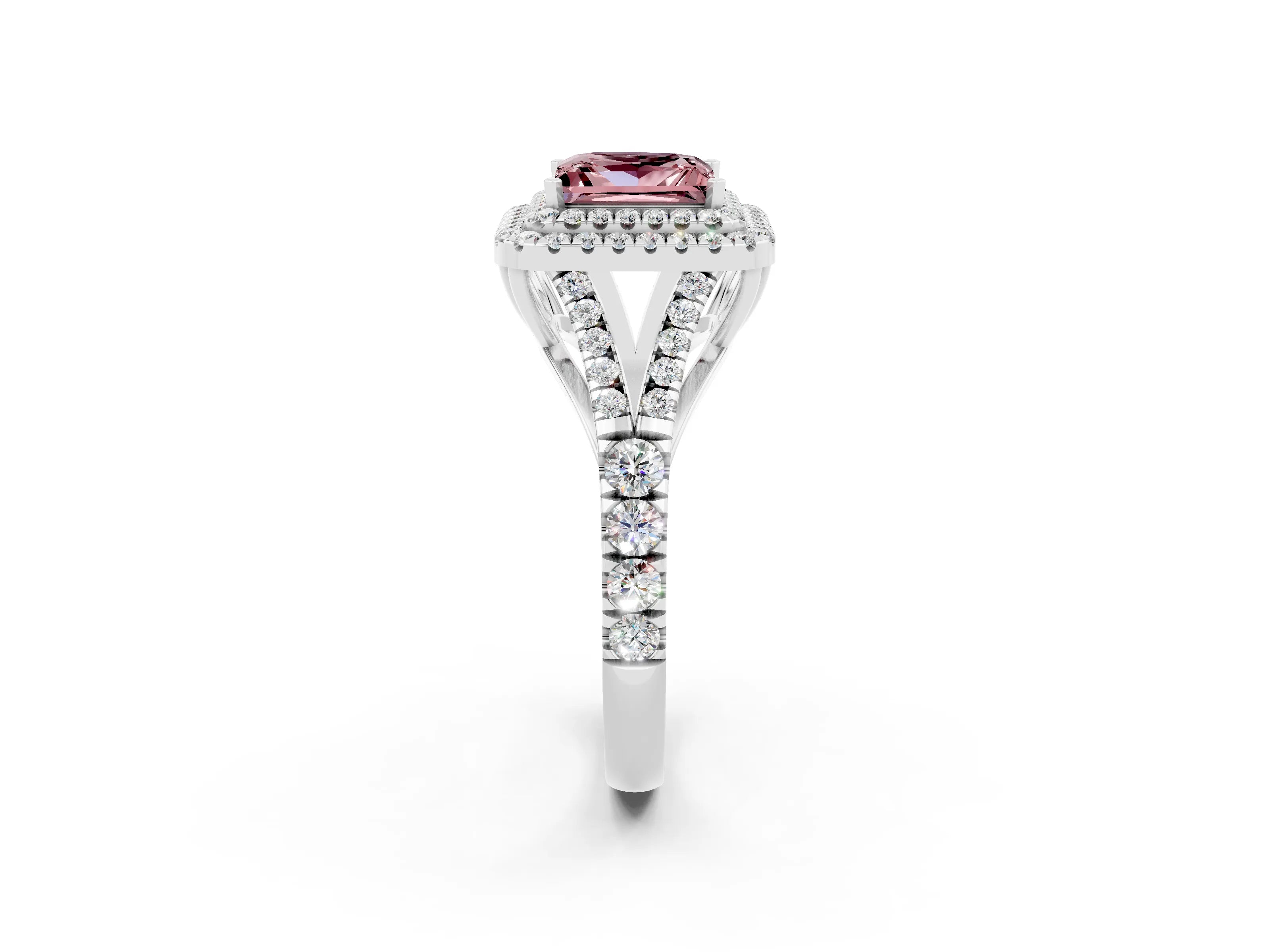 White gold Double Halo Princess Cut Morganite Pavé Split Shank Ring with Prong Setting_2