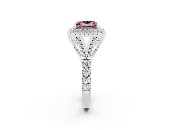 Platinum Double Halo Princess Cut Morganite Pavé Split Shank Ring with Prong Setting