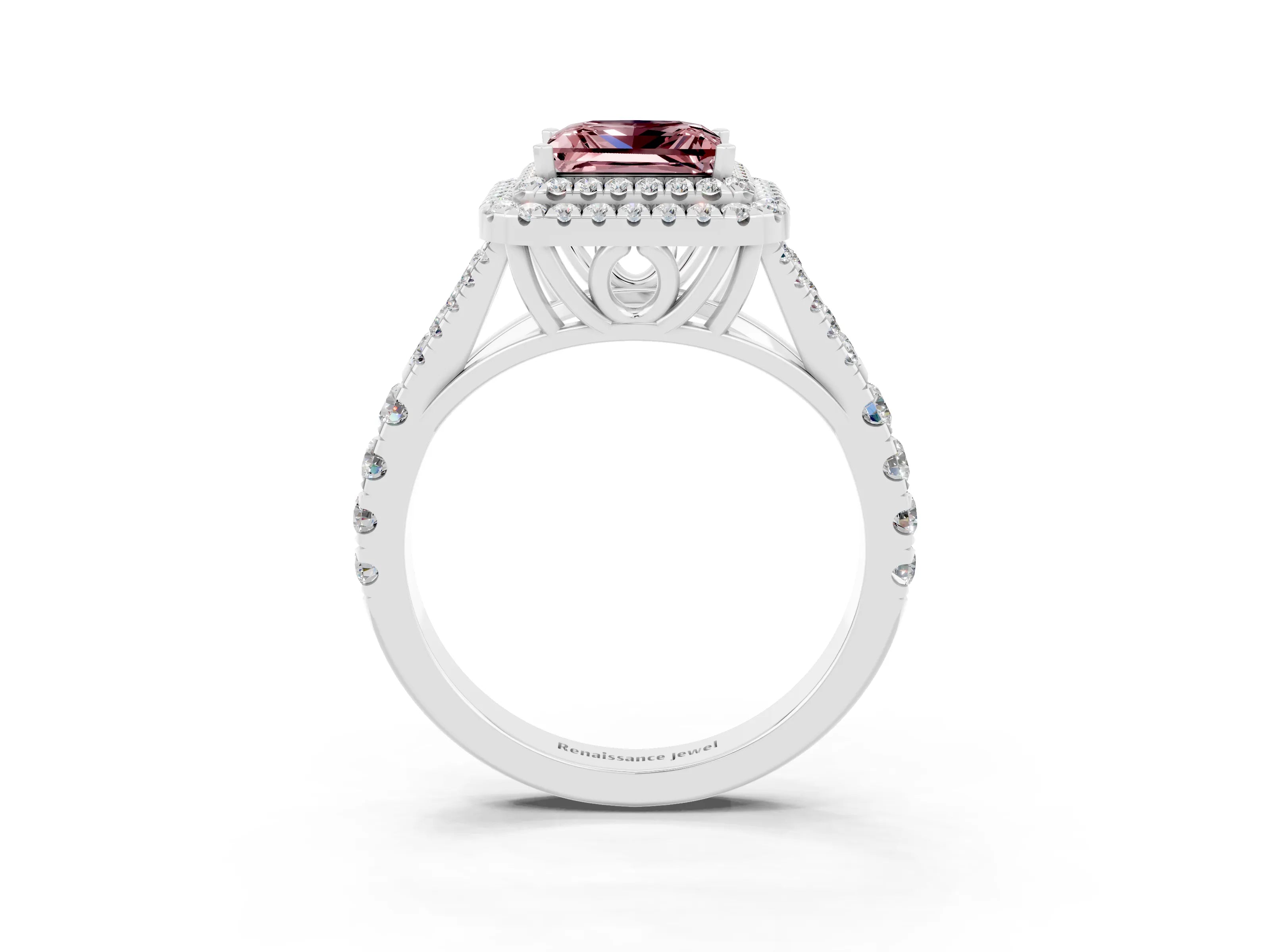 White gold Double Halo Princess Cut Morganite Pavé Split Shank Ring with Prong Setting_3