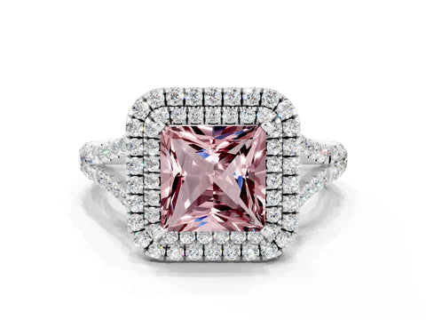 White gold Double Halo Princess Cut Morganite Pavé Split Shank Ring with Prong Setting