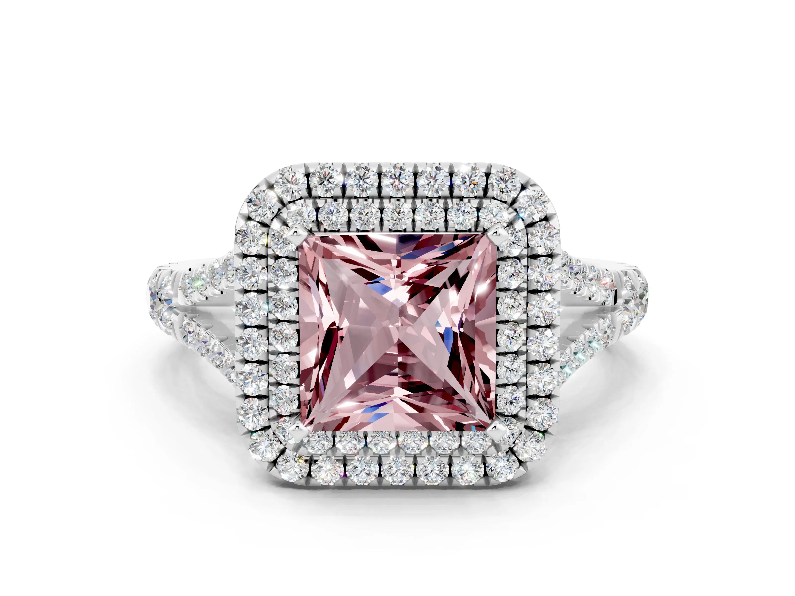 White gold Double Halo Princess Cut Morganite Split Shank Engagement Ring with Four-Prong Setting