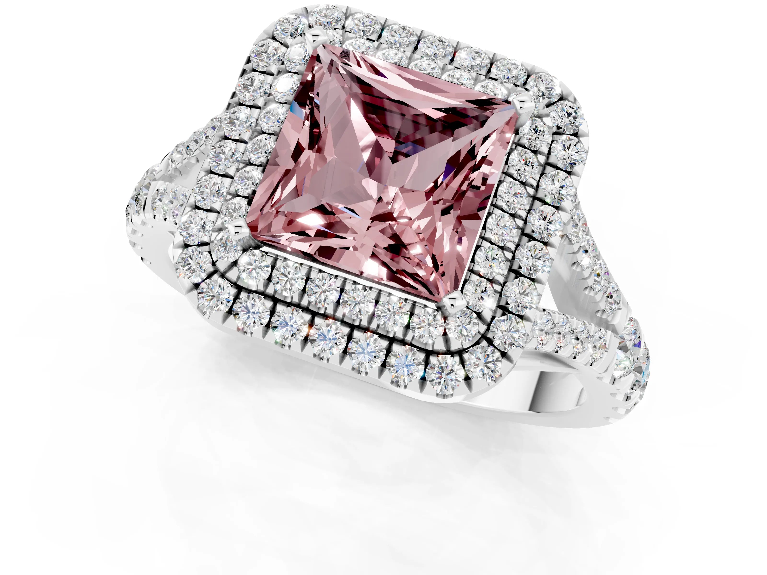 White gold Double Halo Princess Cut Morganite Split Shank Engagement Ring with Four-Prong Setting_1