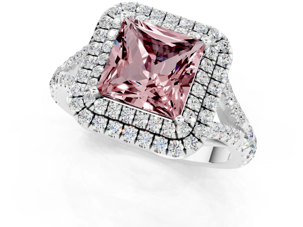Silver Double Halo Princess Cut Morganite Split Shank Engagement Ring with Four-Prong Setting