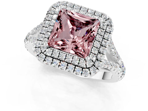 White gold Double Halo Princess Cut Morganite Split Shank Engagement Ring with Four-Prong Setting_1