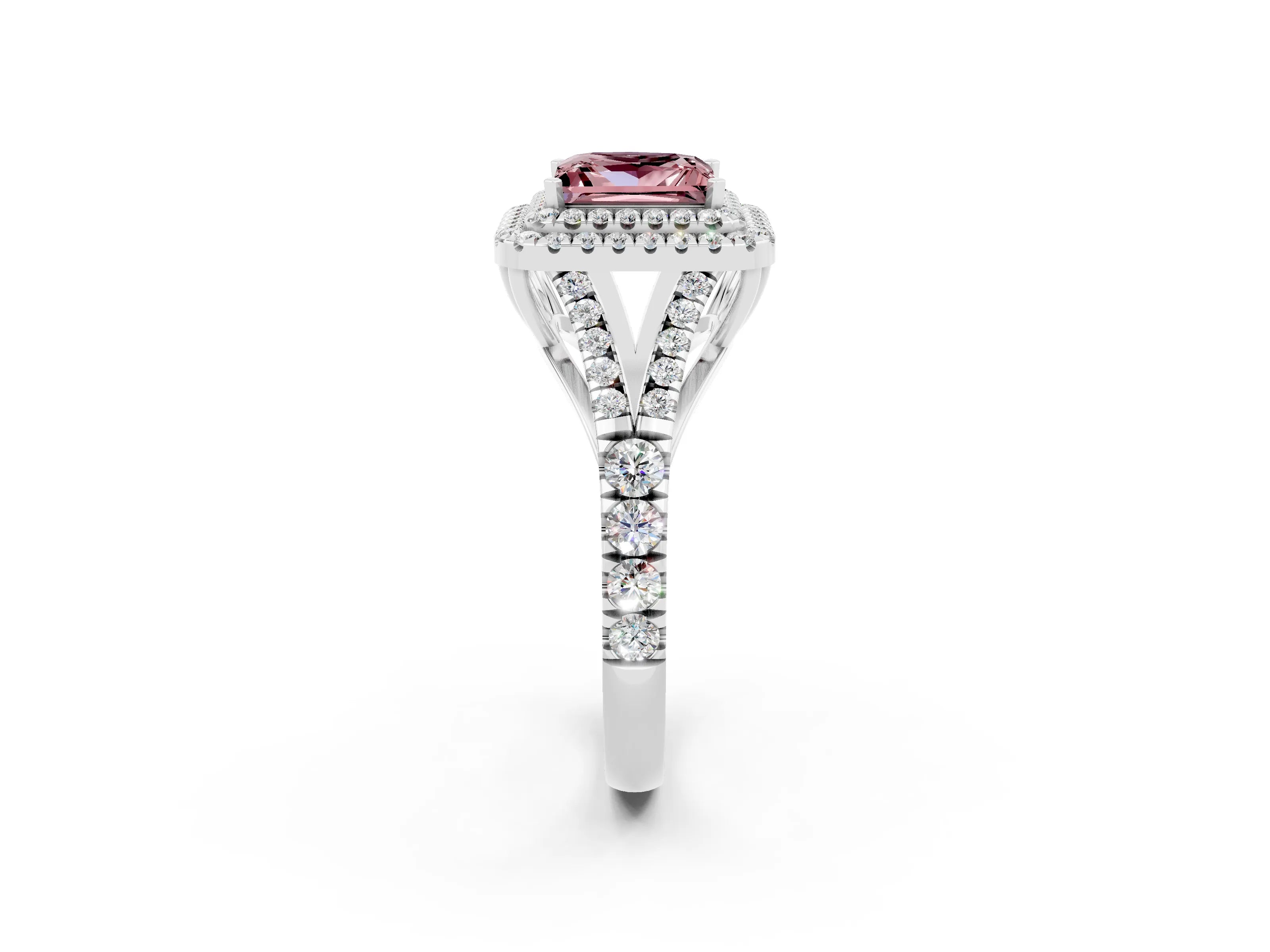 White gold Double Halo Princess Cut Morganite Split Shank Engagement Ring with Four-Prong Setting_2