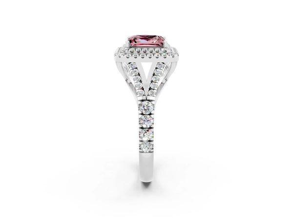 Silver Double Halo Princess Cut Morganite Split Shank Engagement Ring with Four-Prong Setting
