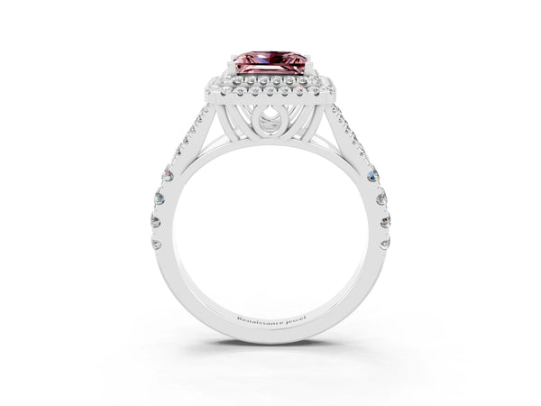 White gold Double Halo Princess Cut Morganite Split Shank Engagement Ring with Four-Prong Setting