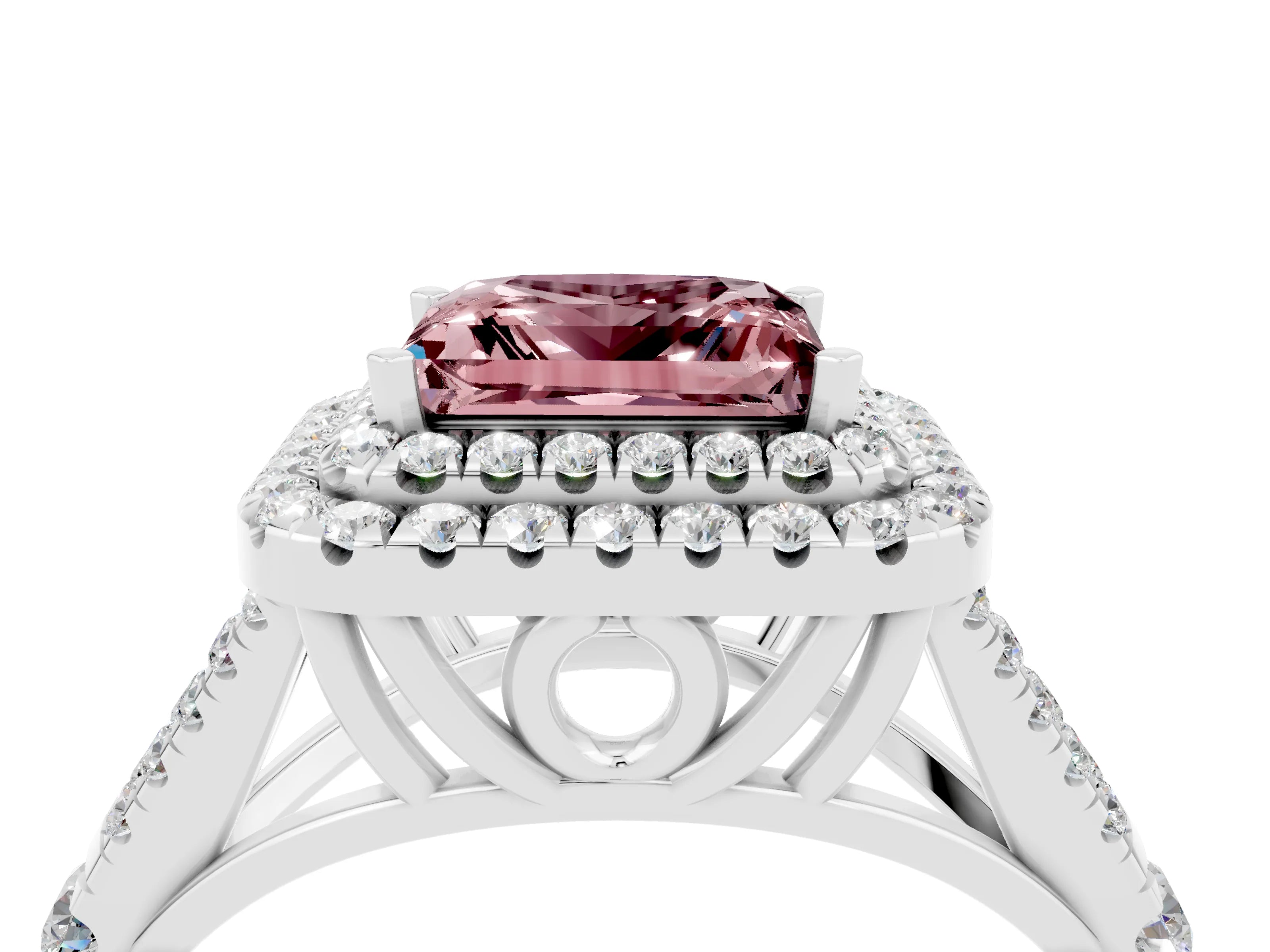 White gold Double Halo Princess Cut Morganite Split Shank Engagement Ring with Four-Prong Setting_4