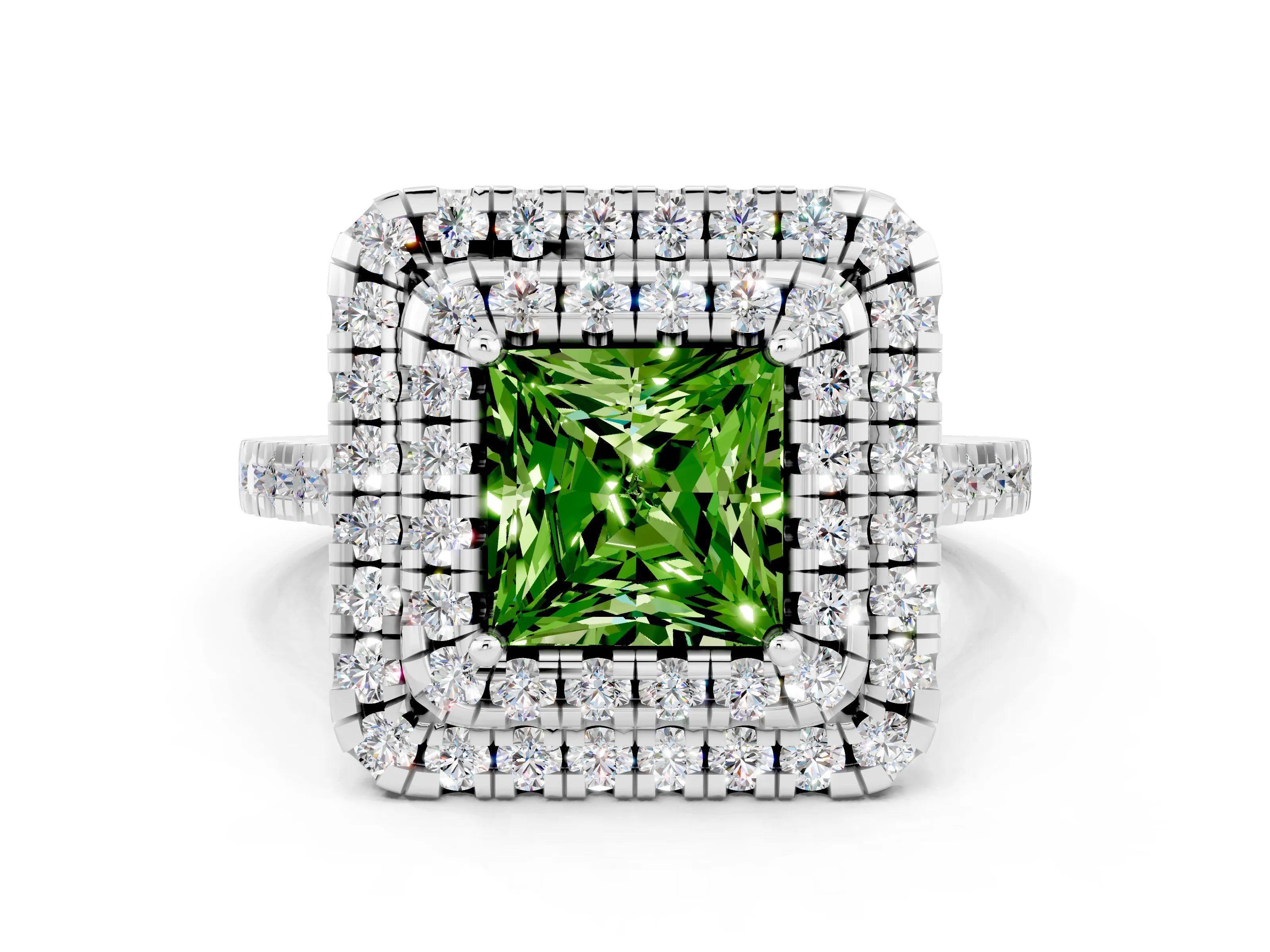 White gold Double Halo Princess Cut Peridot Pavé Band with Four-Prong Setting