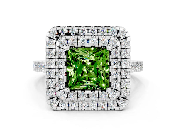 Platinum Double Halo Princess Cut Peridot Pavé Band with Four-Prong Setting