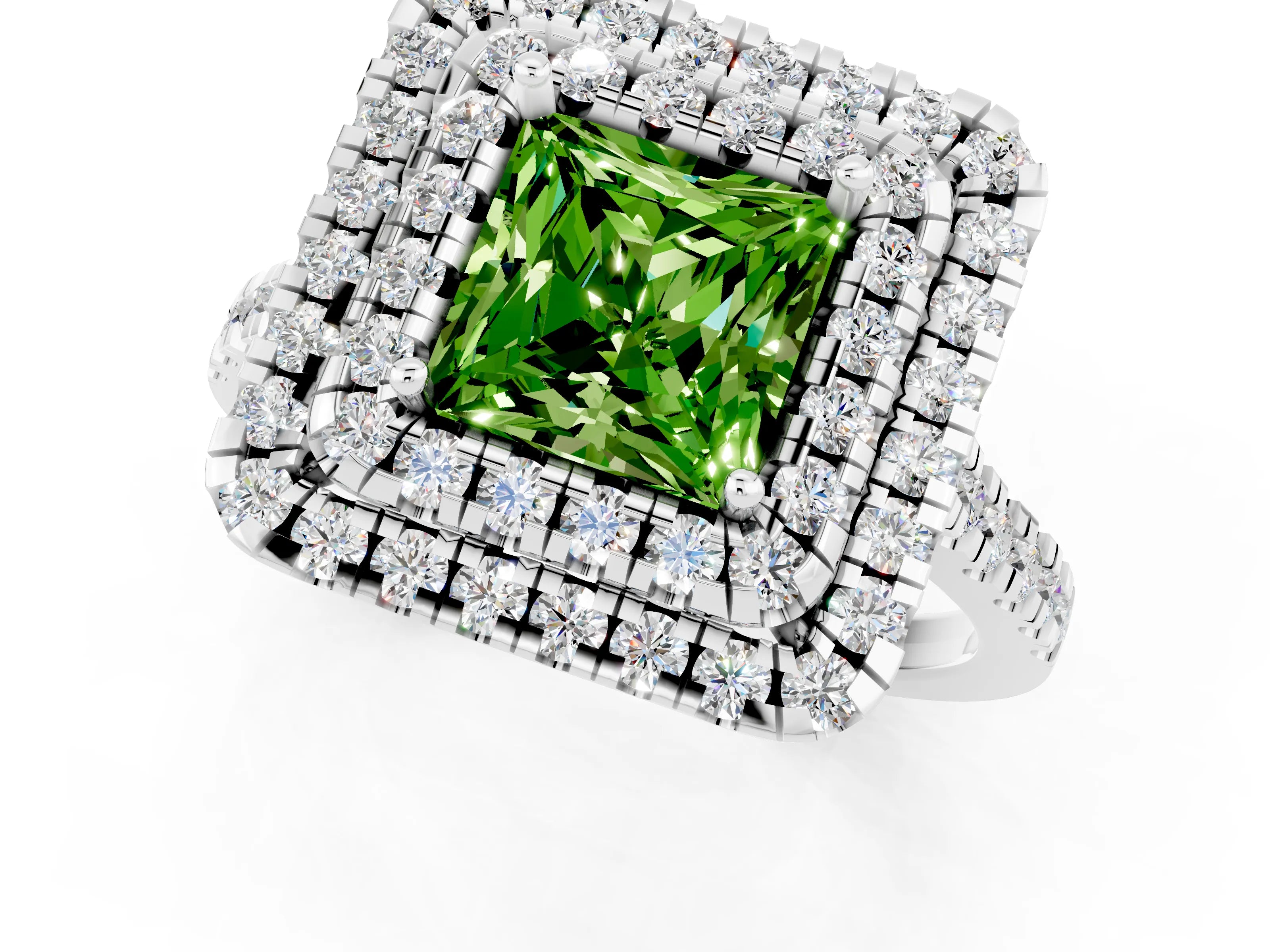 White gold Double Halo Princess Cut Peridot Pavé Band with Four-Prong Setting_1