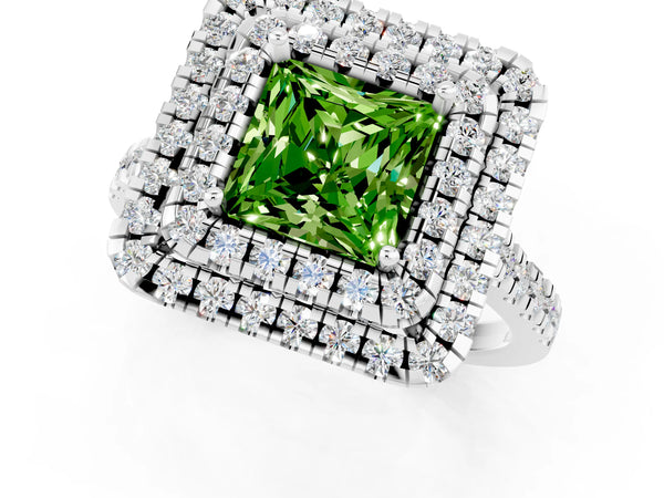 Platinum Double Halo Princess Cut Peridot Pavé Band with Four-Prong Setting