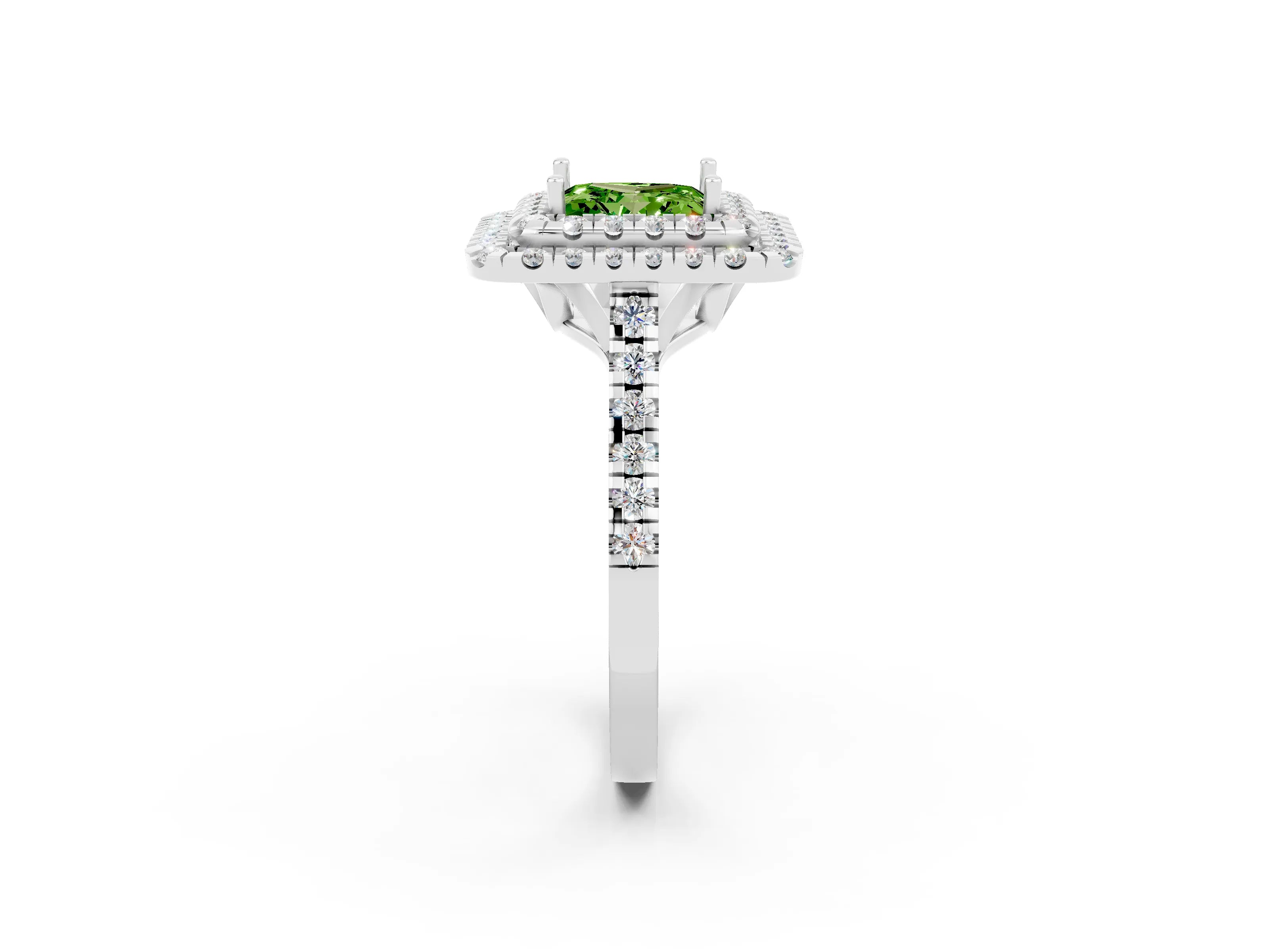 White gold Double Halo Princess Cut Peridot Pavé Band with Four-Prong Setting_2