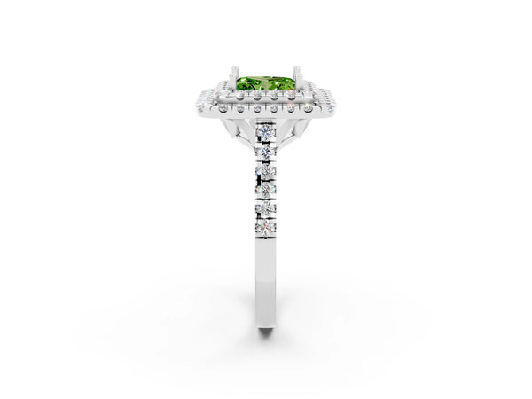 Silver Double Halo Princess Cut Peridot Pavé Band with Four-Prong Setting