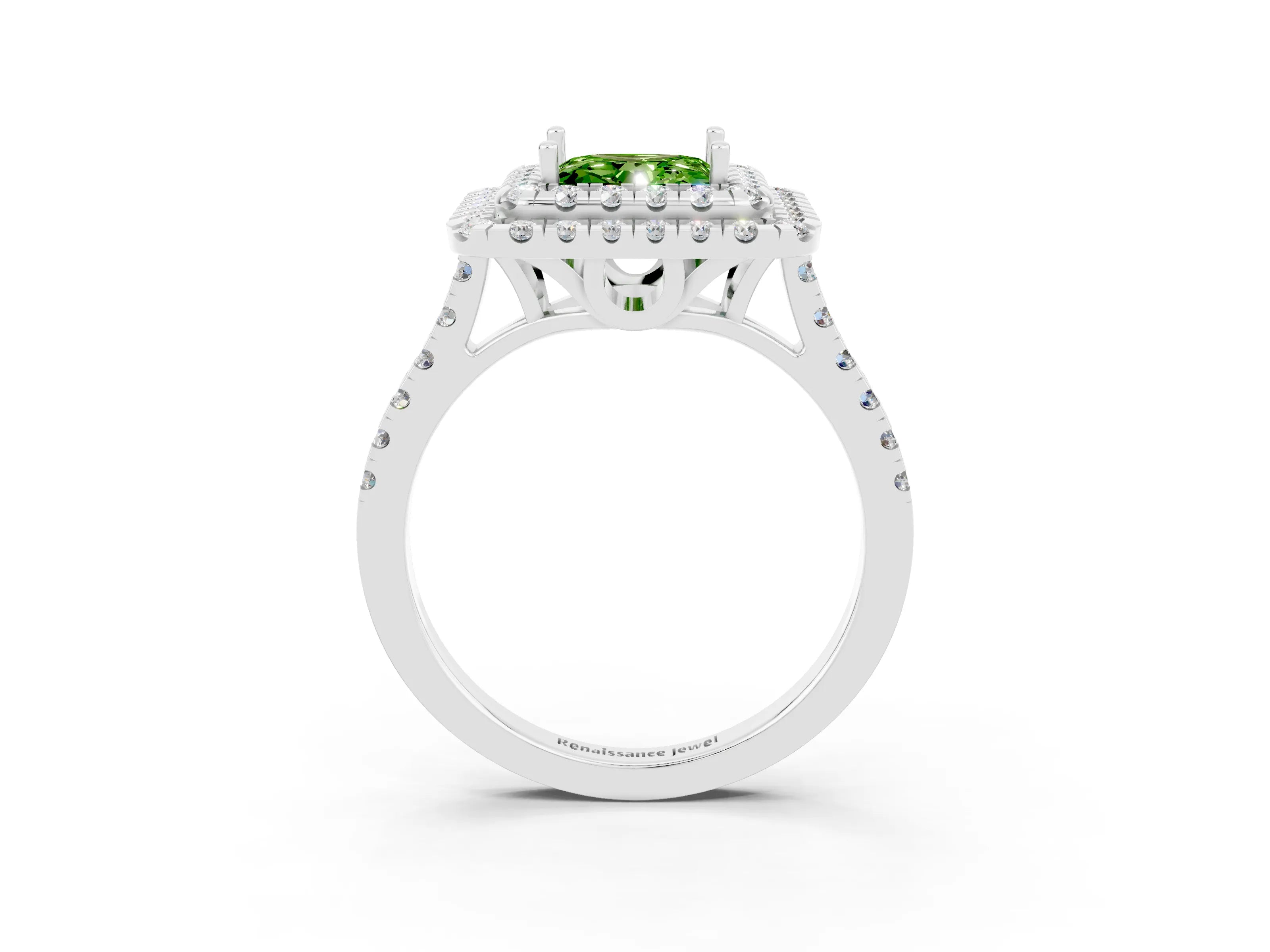 White gold Double Halo Princess Cut Peridot Pavé Band with Four-Prong Setting_3