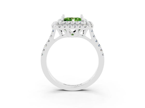 Silver Double Halo Princess Cut Peridot Pavé Band with Four-Prong Setting