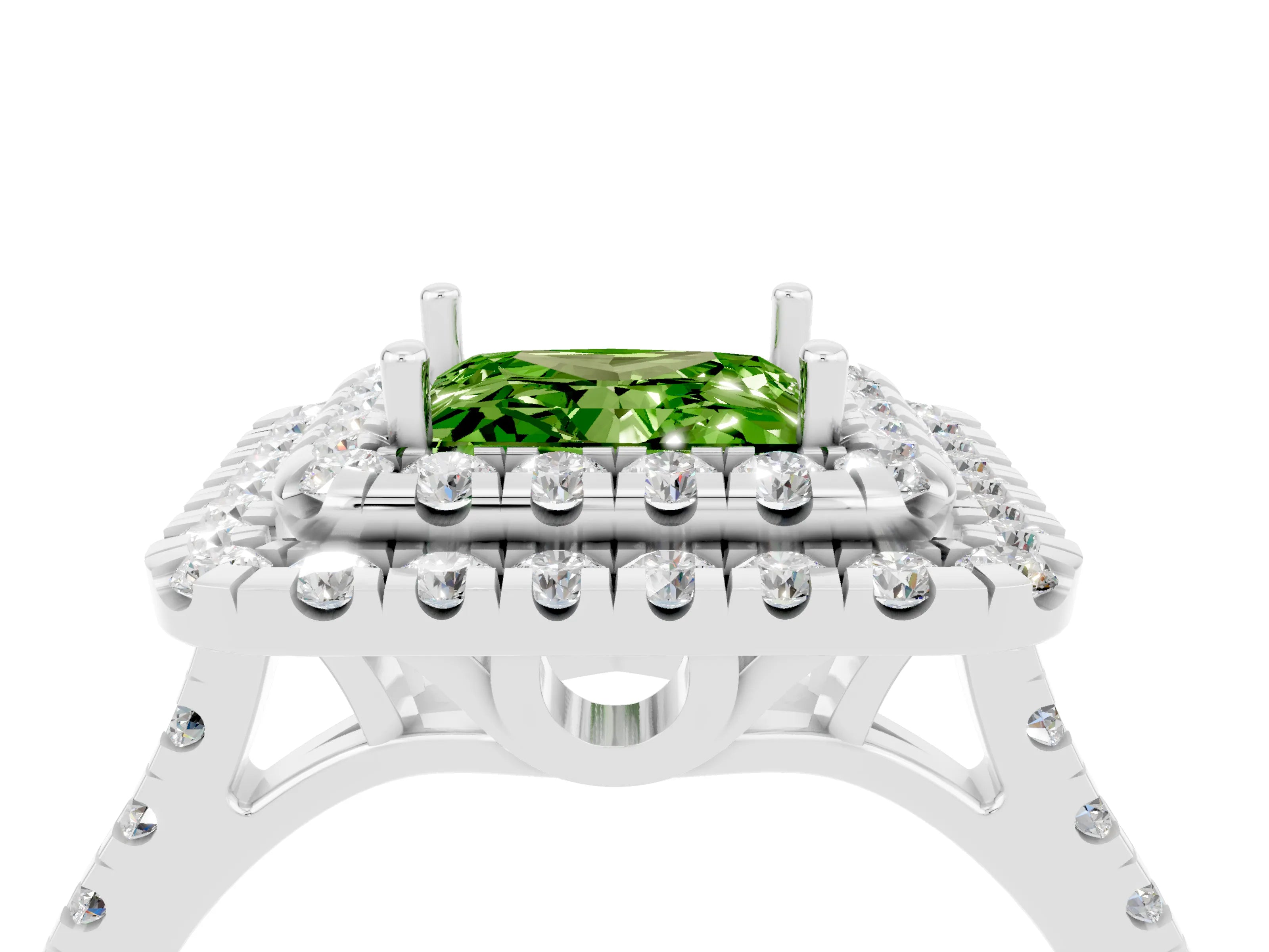 White gold Double Halo Princess Cut Peridot Pavé Band with Four-Prong Setting_4