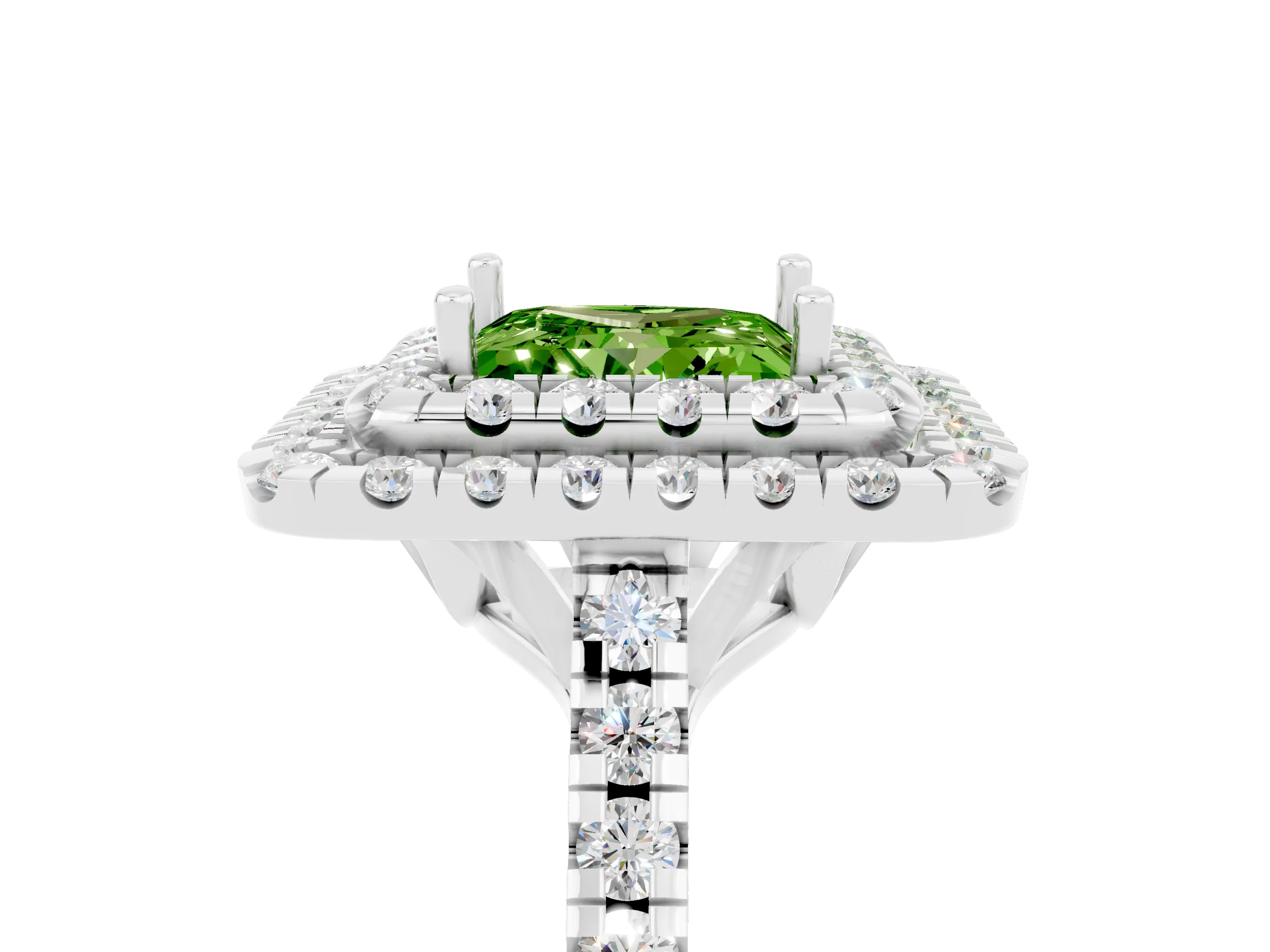 White gold Double Halo Princess Cut Peridot Pavé Band with Four-Prong Setting_5