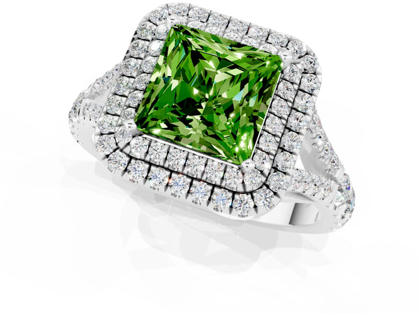 Silver Double Halo Princess Cut Peridot Pavé Split Shank Ring with Prong Setting