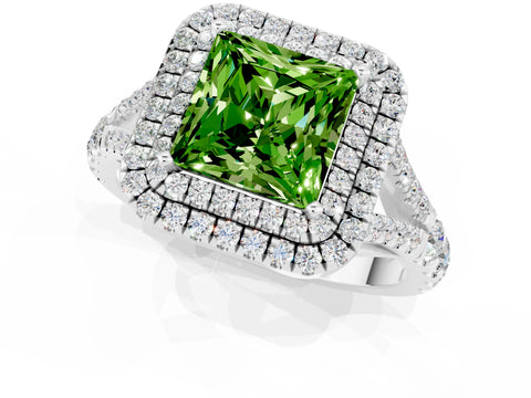 White gold Double Halo Princess Cut Peridot Pavé Split Shank Ring with Prong Setting_1