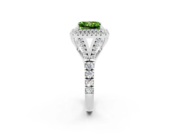 Platinum Double Halo Princess Cut Peridot Pavé Split Shank Ring with Prong Setting