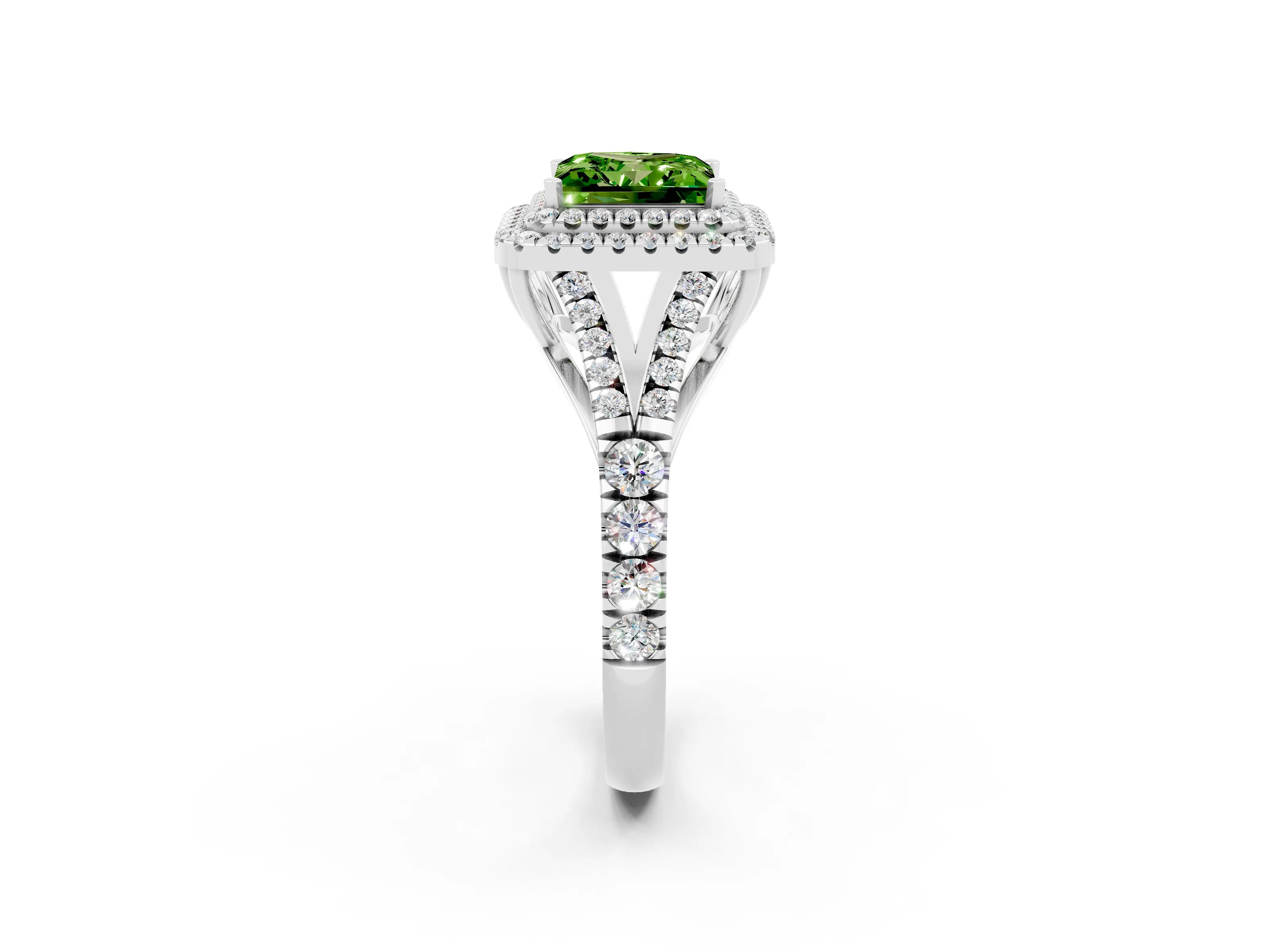 White gold Double Halo Princess Cut Peridot Pavé Split Shank Ring with Prong Setting_2