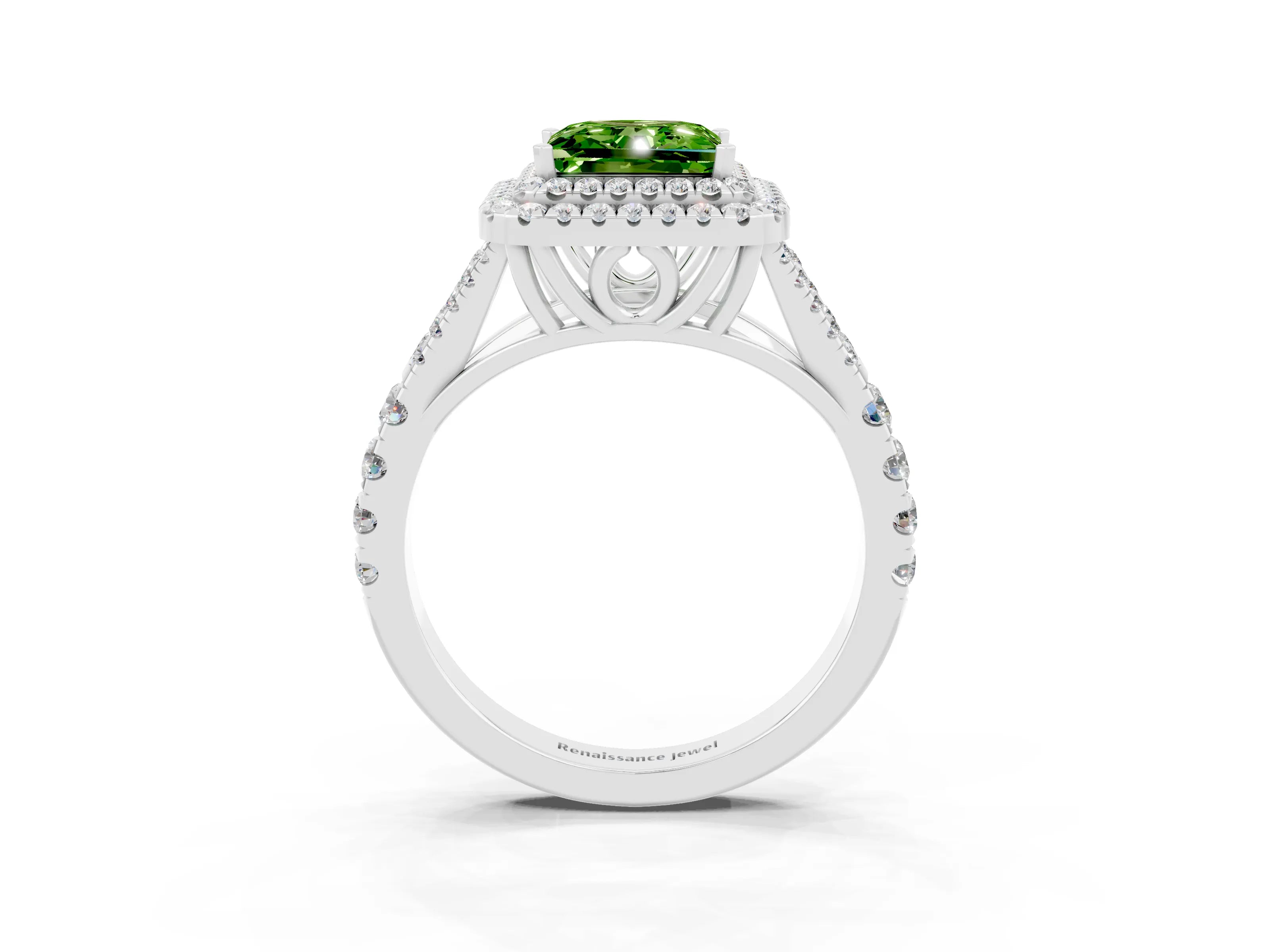 White gold Double Halo Princess Cut Peridot Pavé Split Shank Ring with Prong Setting_3