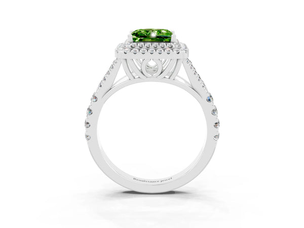 Platinum Double Halo Princess Cut Peridot Pavé Split Shank Ring with Prong Setting