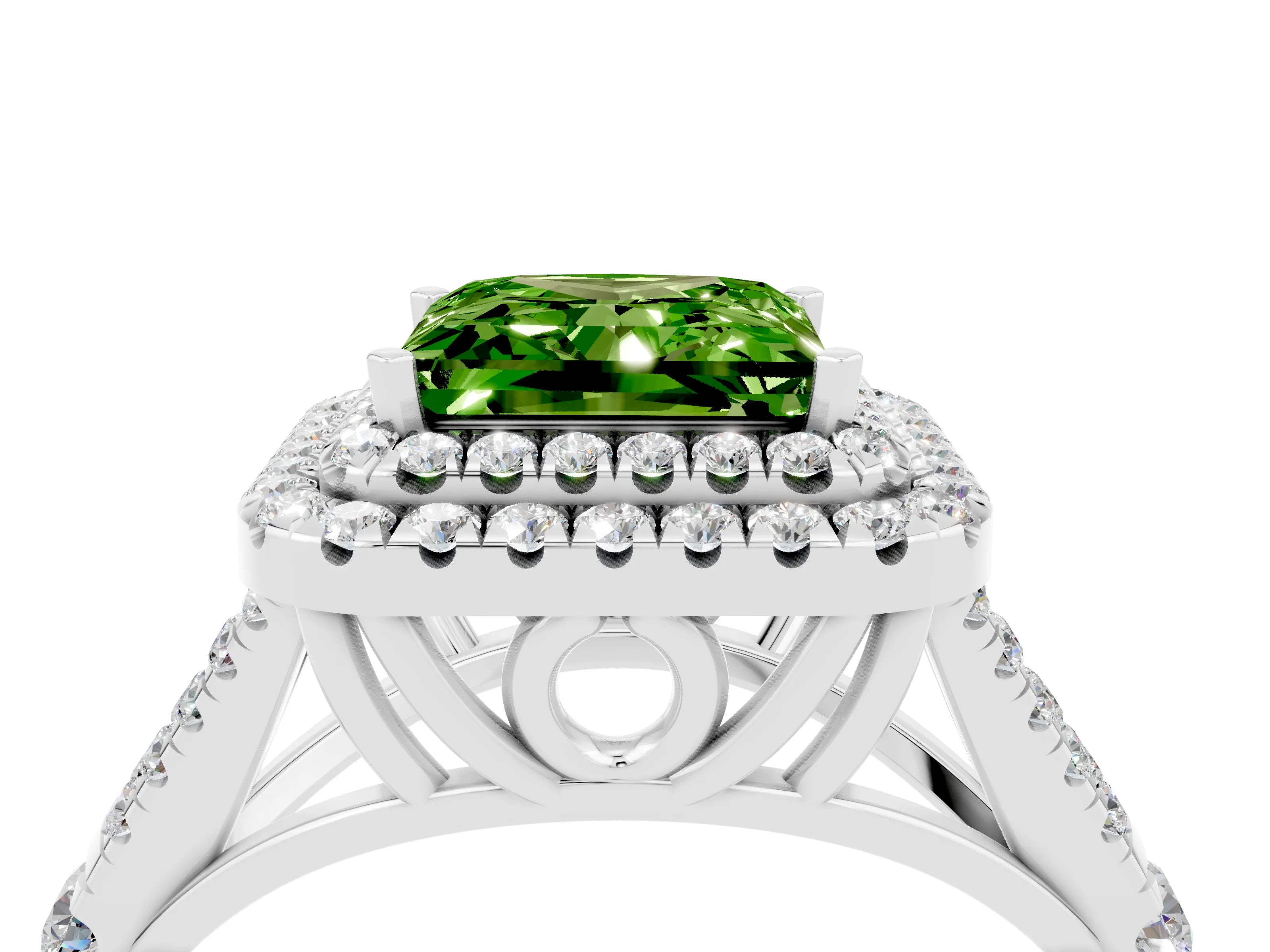 White gold Double Halo Princess Cut Peridot Pavé Split Shank Ring with Prong Setting_4