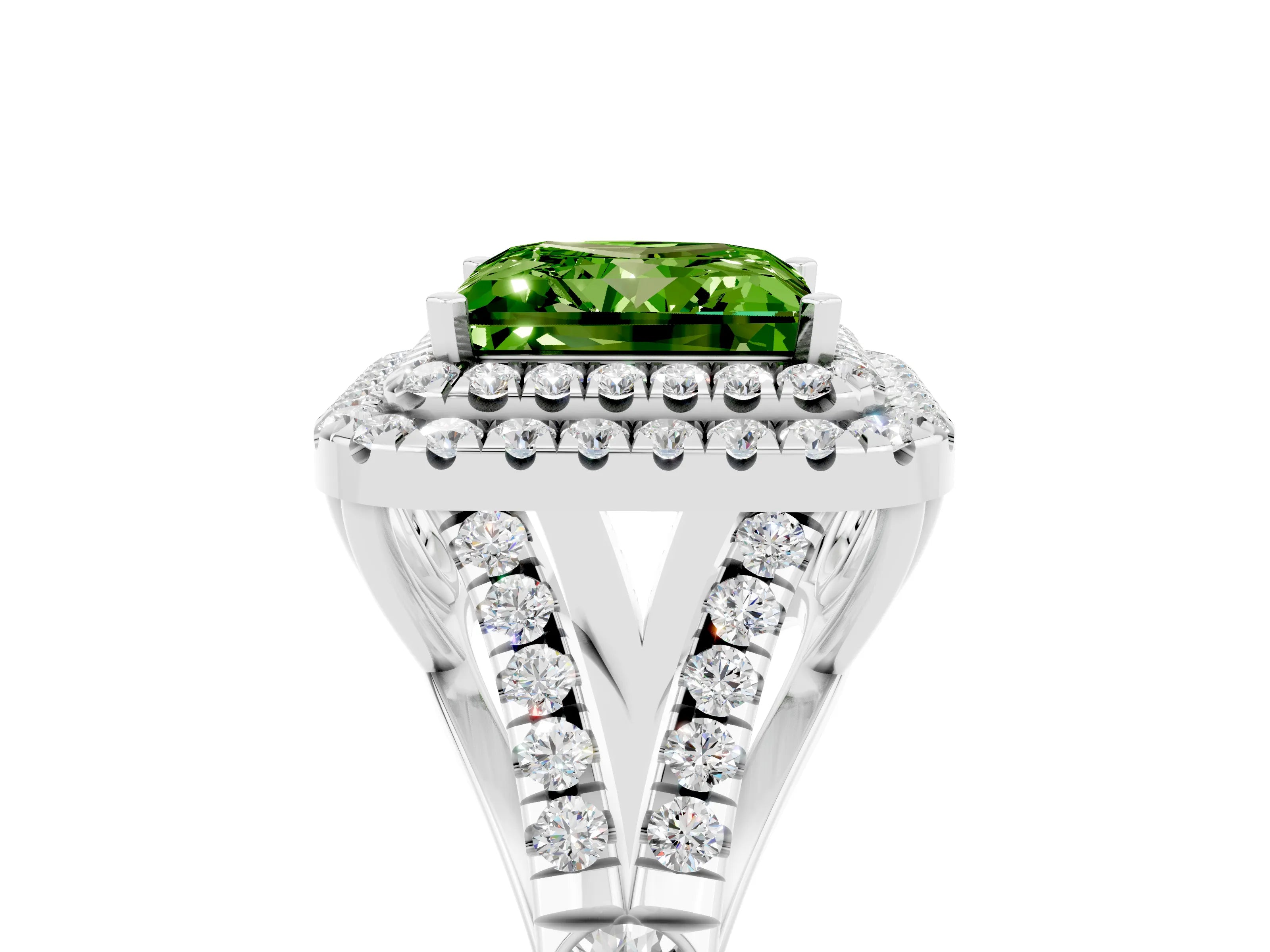 White gold Double Halo Princess Cut Peridot Pavé Split Shank Ring with Prong Setting_5