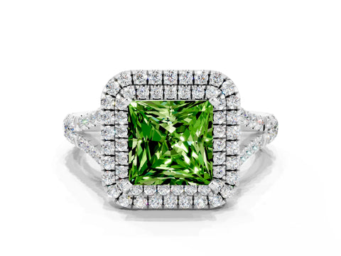 White gold Double Halo Princess Cut Peridot Pavé Split Shank Ring with Prong Setting