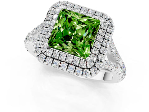 White gold Double Halo Princess Cut Peridot Split Shank Engagement Ring with Four-Prong Setting_1